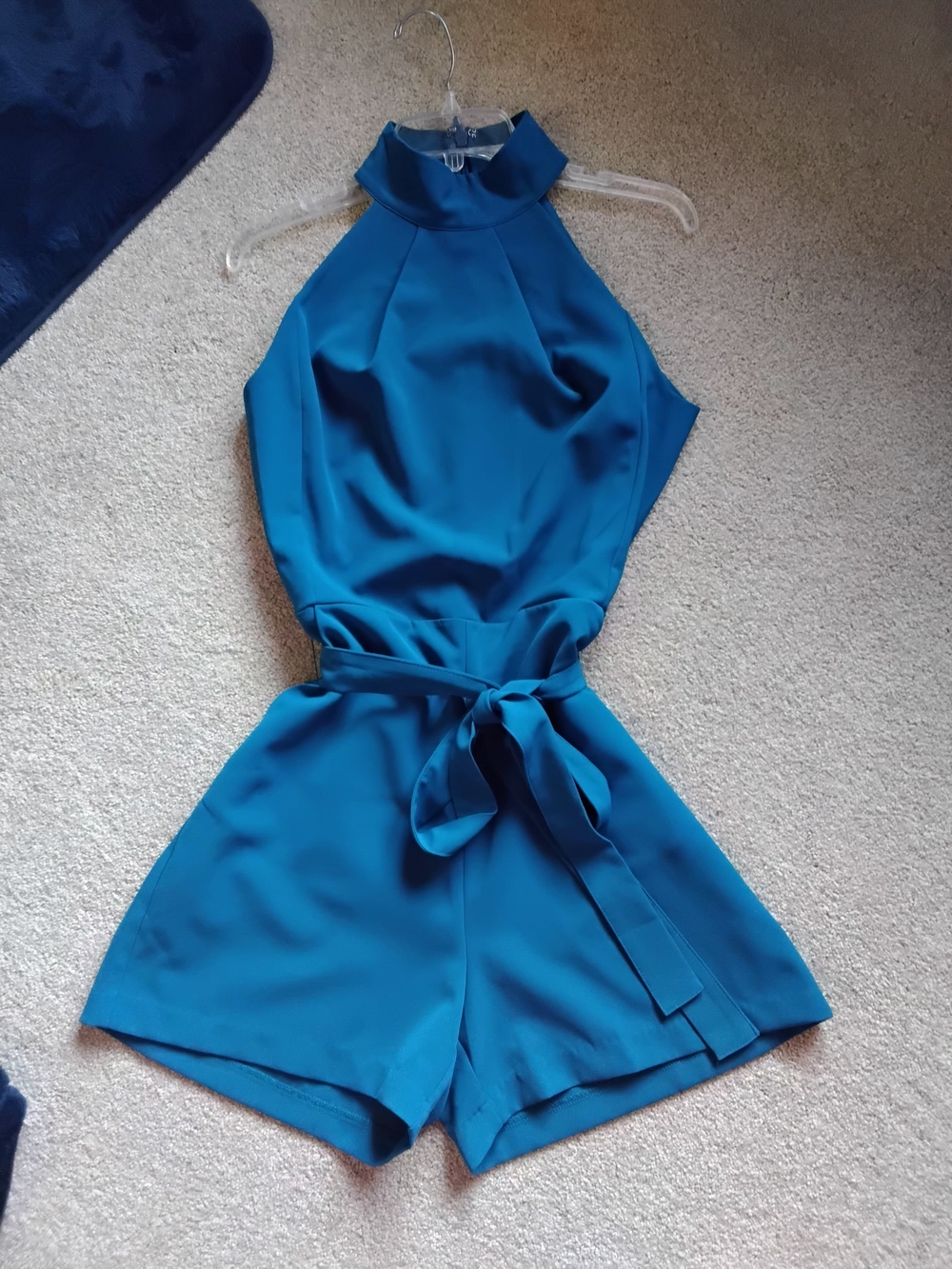 New York & Company Halter-Neck Tie-Waist Romper, Teal Blue, Small